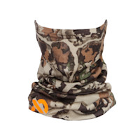 First Lite Aerowool neck gaiter in brown-green camo with orange logo