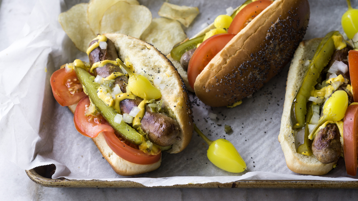 a platter of wild Chicago Hotdogs from Wild + Whole of Meateater.