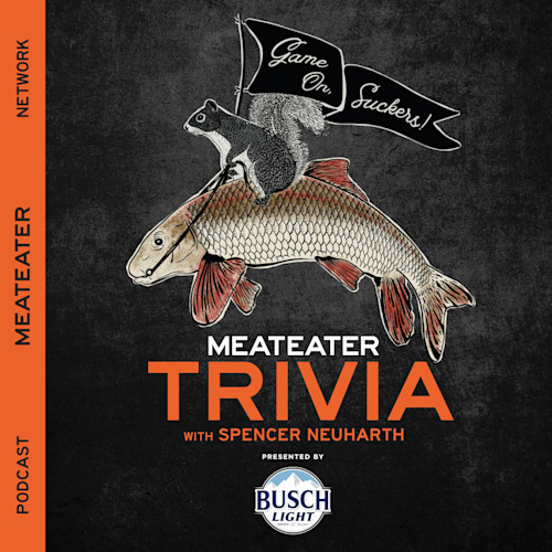 Squirrel on fish graphic with banner "Game On, Suckers!" and "MEATEATER TRIVIA"