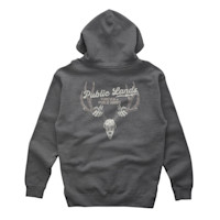 Gray hooded sweatshirt with 'Public Lands' script and 'FOREVER IN PUBLIC HANDS' text above antlered skull graphic