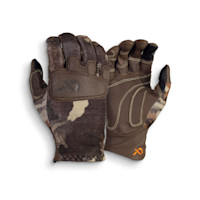 First Lite Shale Touch Hybrid gloves, brown leather palms and camo back with orange logo