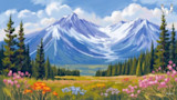 Mountain meadow painting with snow-capped peaks, wildflowers, pine trees, MeatEater logo