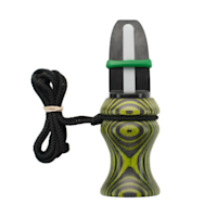 Phelps E-Z-Estrus elk call with green-striped laminated handle, black mouthpiece and lanyard