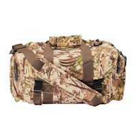 Camouflage pit-blind duffel bag with First Lite logo and brown straps