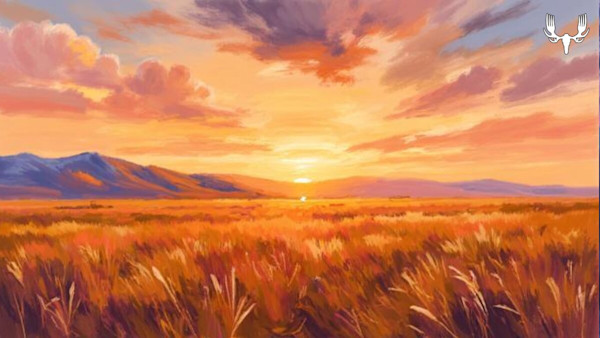 Sunset over golden grassland with distant mountains, MeatEater antler logo top-right