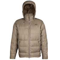 First Lite hooded down jacket, tan puffer with full-length zipper and chest logo