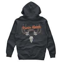 Back of dark hoodie with 'Public Lands' and 'FOREVER IN PUBLIC HANDS' over deer skull and antlers