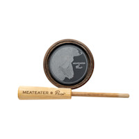 Wooden turkey pot call with engraved turkey head and striker labeled 'MEATEATER x Phelps'