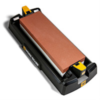 Whetstone sharpener with 1000 grit stone on black WORK SHARP base and yellow "15" angle guide