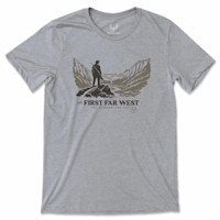 MeatEater gray T-shirt with mountain print, hunter silhouette and text THE FIRST FAR WEST; THE CUMBERLAND GAP