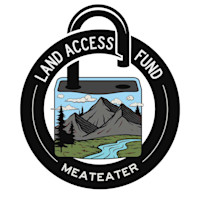 Lock logo reading LAND ACCESS FUND and MEATEATER with donation box showing mountains and river