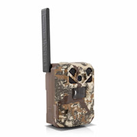 Moultrie trail camera in First Lite camouflage with antenna labeled 'MOULTRIE MOBILE'