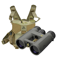 Binoculars with camo FHF GEAR chest harness; patch reads "FHF GEAR Made in the USA"