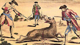 Three 18th-century hunters with muskets surround a wounded wolf in village clearing