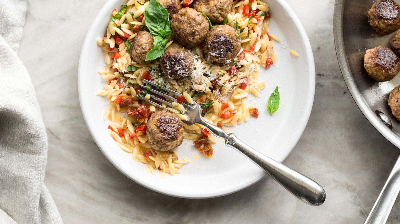 3 Ingredient Meatballs with Red Pepper Orzo Pasta
