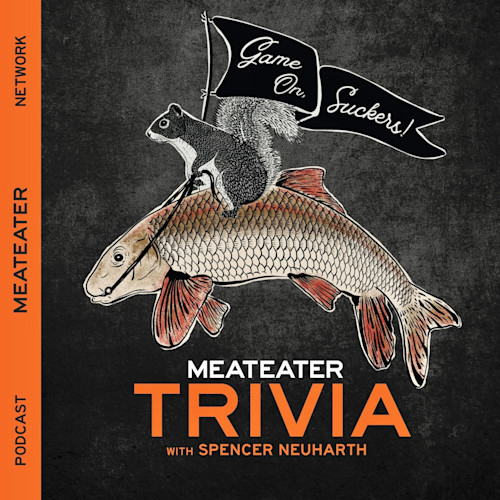 MEATEATER TRIVIA cover: squirrel riding a fish with banner 'Game On, Suckers!'