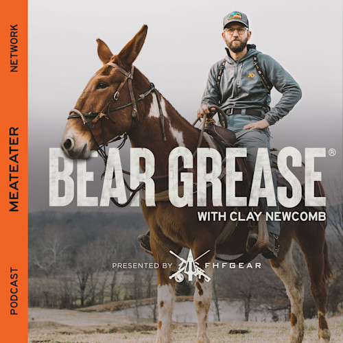 Man riding mule with text overlay "BEAR GREASE" and "WITH CLAY NEWCOMB"
