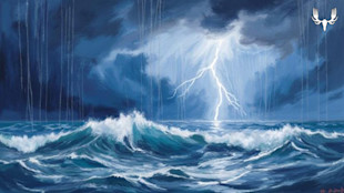 Stormy ocean with crashing waves, dark clouds and a lightning strike