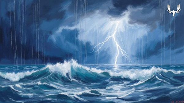 Stormy ocean with crashing waves, dark clouds and a lightning strike