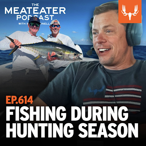 FISHING DURING HUNTING SEASON EP.614 — The Meateater Podcast cover: man with headset and two men holding tuna