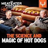 THE SCIENCE AND MAGIC OF HOT DOGS — two men with microphones, oversized hot dogs background