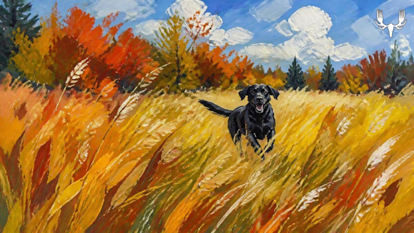 Black Labrador running through tall golden grass with autumn trees and blue sky