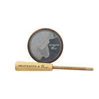 MeatEater x Phelps turkey pot call, engraved slate and wood striker showing text 'MEATEATER x Phelps'