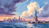 Statue of Liberty with Manhattan skyline at sunset, choppy water, MeatEater logo