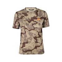 First Lite women's Yuma synthetic short-sleeve camo crew with small orange logo