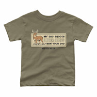 Olive kids T-shirt with deer graphic and text "MY DAD SHOOTS BIGGER BUCKS THAN YOUR DAD" and "MEATEATER"