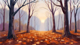 Autumn forest path with bare trees and orange fallen leaves, MeatEater logo top-right