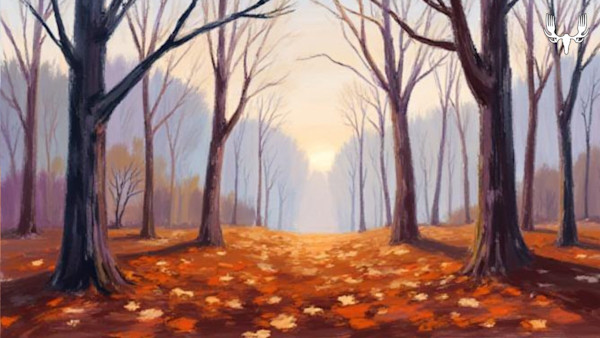Autumn forest path with bare trees and orange fallen leaves, MeatEater logo top-right