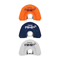Mini AMP elk-call mouthpieces stacked vertically, labeled 'MINI AMP', orange, navy, white