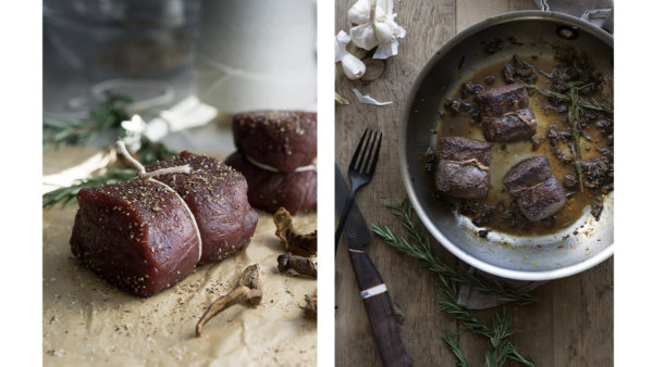 Porcini, dried mushroom, antelope, backstap, steak