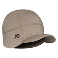 First Lite tan wool brimmed beanie with stitched seam panels and short curved brim