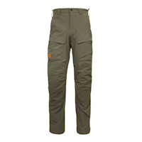 Olive-green men's hunting pants with zip cargo pockets and orange logo on left thigh