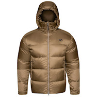 First Lite Full Curl Down parka, brown puffer jacket with hood and front zipper