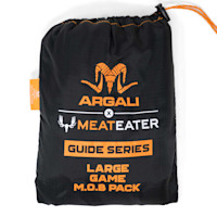 Argali x MeatEater black drawstring pack with orange text ARGALI x MEATEATER GUIDE SERIES LARGE GAME M.O.B PACK
