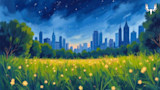 Meadow of yellow flowers with distant city skyline at dusk under starry sky; MeatEater logo