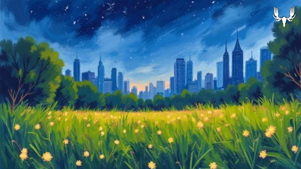 Meadow of yellow flowers with distant city skyline at dusk under starry sky; MeatEater logo