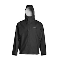 Black hooded commercial fishing jacket with GRUNDENS logo on chest