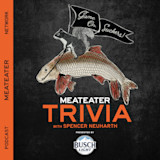 Squirrel on fish graphic with banner "Game On, Suckers!" and "MEATEATER TRIVIA"