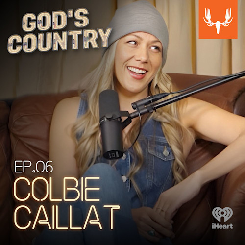 Woman laughing into podcast mic on couch; overlays: GOD'S COUNTRY, EP.06, COLBIE CAILLAT