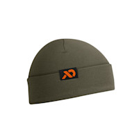 Olive merino cuff beanie with orange First Lite logo patch