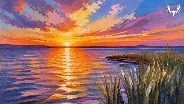 Sunset over a lake with vibrant orange and purple sky, rippled reflections, MeatEater logo top-right