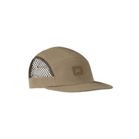 Tan five-panel cap with mesh side panels and a small leather logo patch