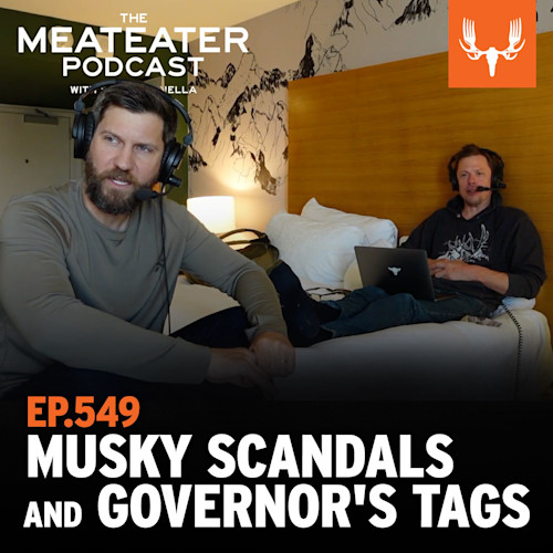 Two men wearing headsets record on a hotel bed; THE MEATEATER PODCAST EP.549 MUSKY SCANDALS AND GOVERNOR'S TAGS