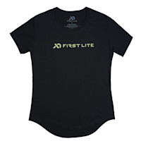 Black women's T-shirt with FIRST LITE logo in pale green across chest