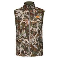 First Lite camouflage puffy vest with front zipper and orange XD logo