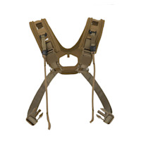 Coyote-brown padded airframe harness with adjustable straps and quick-release buckles